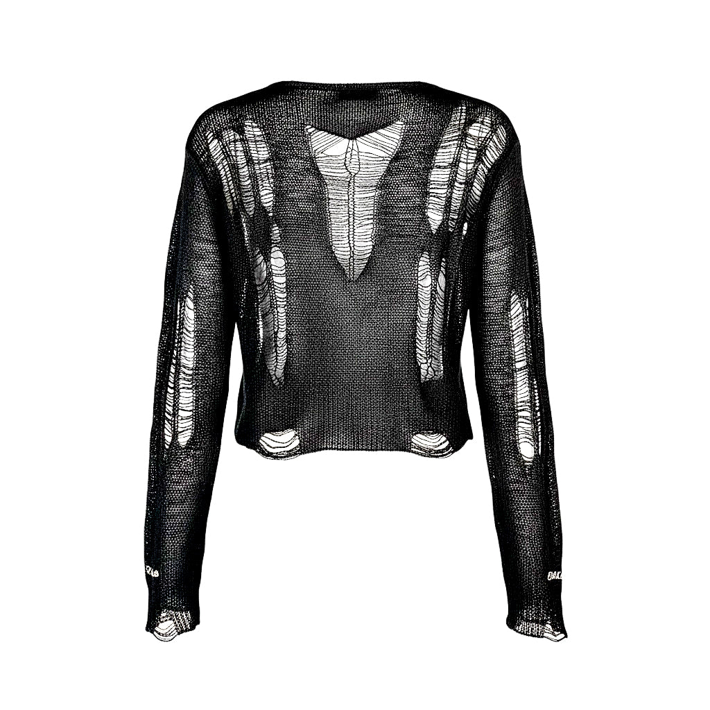Handmade black distressed long-sleeve knit top with deconstructed shredded detailing and asymmetrical cutouts, product photo on white background.
