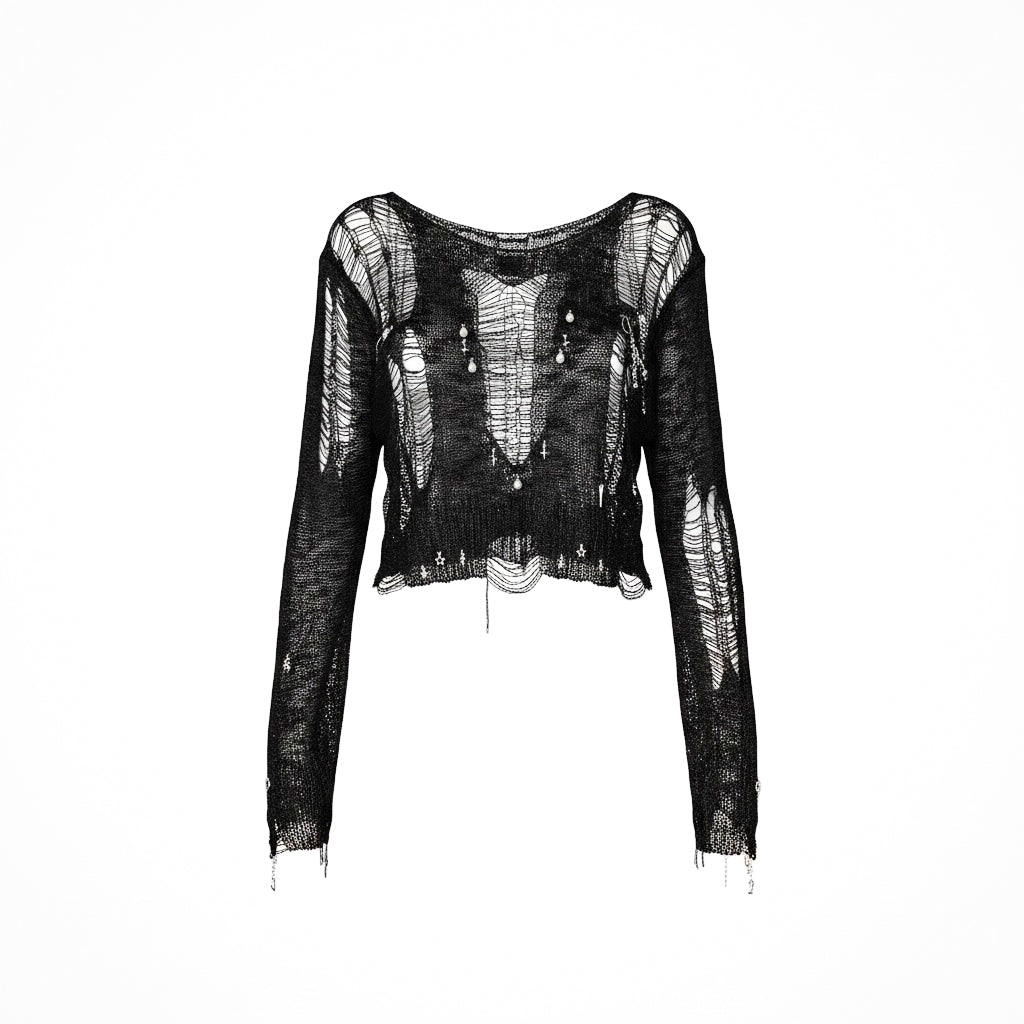Black deconstructed long-sleeve knit top with shredded mesh panels, raw distressed cutouts and sculptural artisanal detailing, photographed on a clean white background