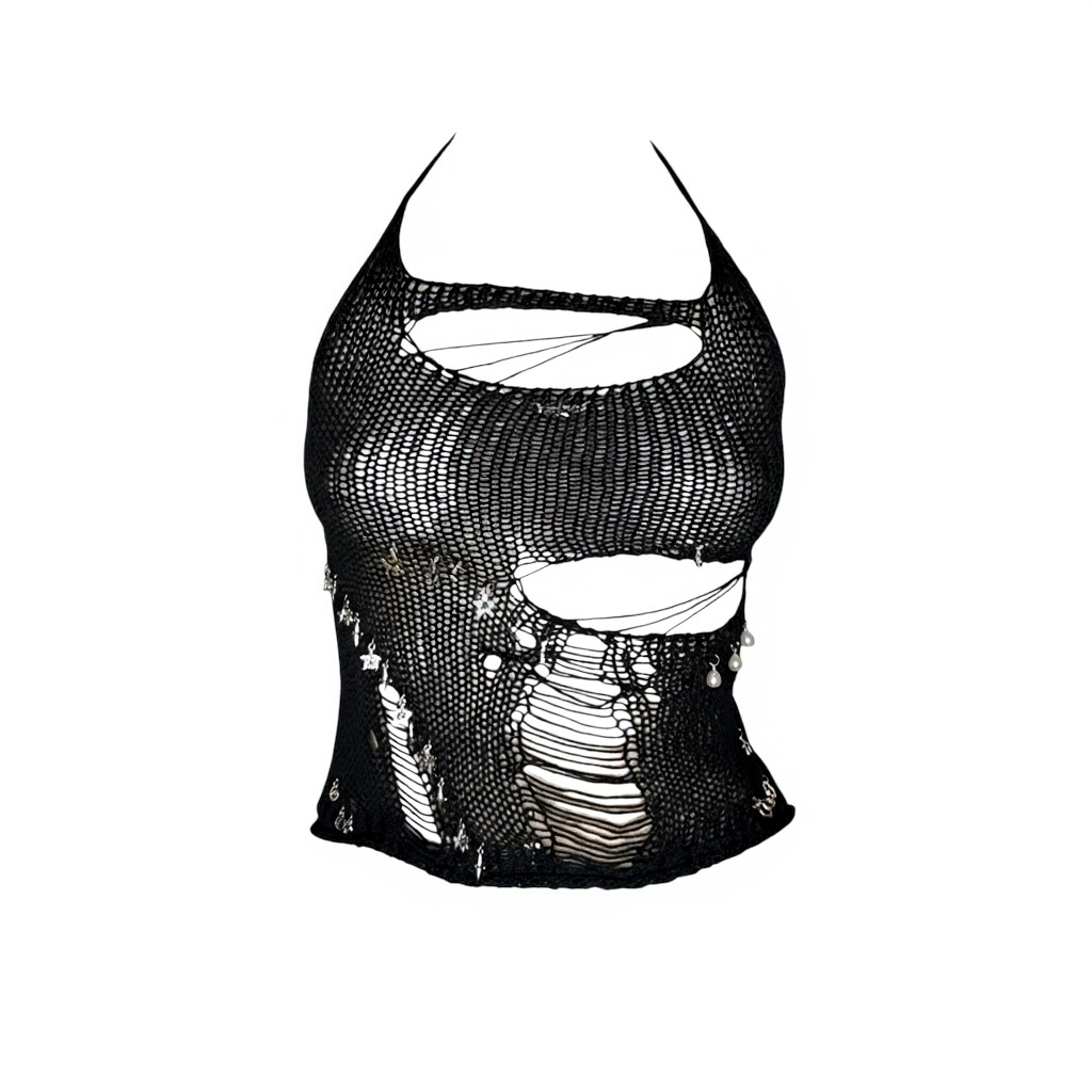 Black deconstructed mesh halter top with shredded knit texture, asymmetrical cutouts and raw distressed detailing, photographed on a clean white background.